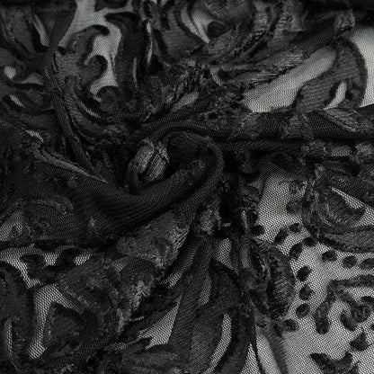 close up on the fabric of the black velvet flocked mesh full length witch elegant gothic hooded cloak at Gallery Serpentine