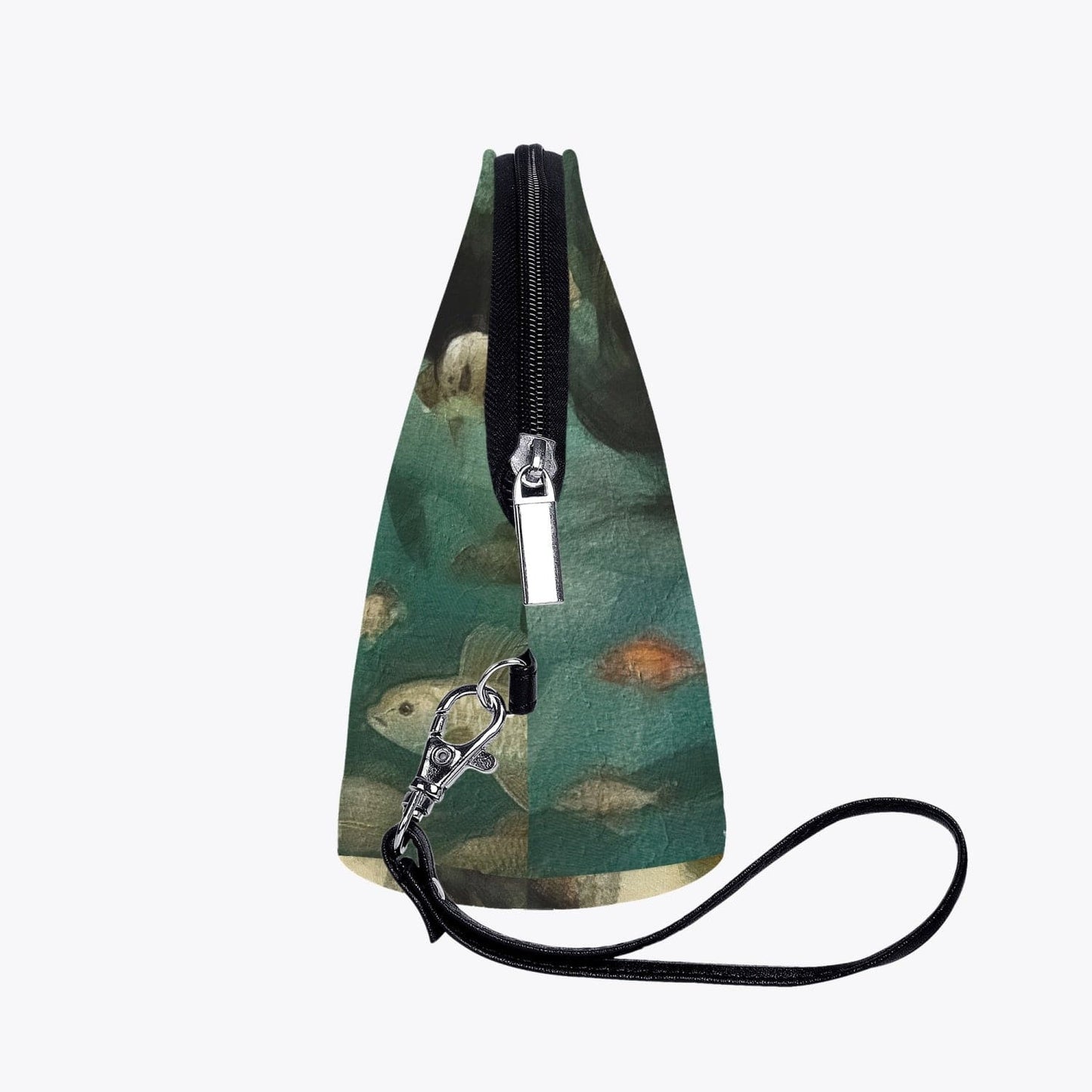 side view of the oil painting print of a mermaid surrounded by fish on a handy makeup purse with zip at Gallery Serpentine