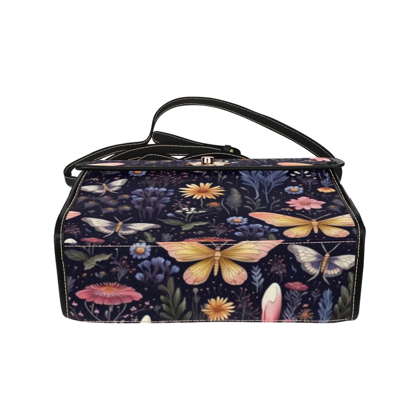 base view of the Stylish boxy satchel handbag featuring vintage style cottagecore midnight garden print featuring beautiful moths and dark florals