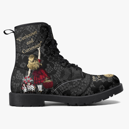 side view of the gothic Alice in Wonderland faux leather boots featuring a gothic lace background and Alice Quotes including 'Curiouser and Curiouser'