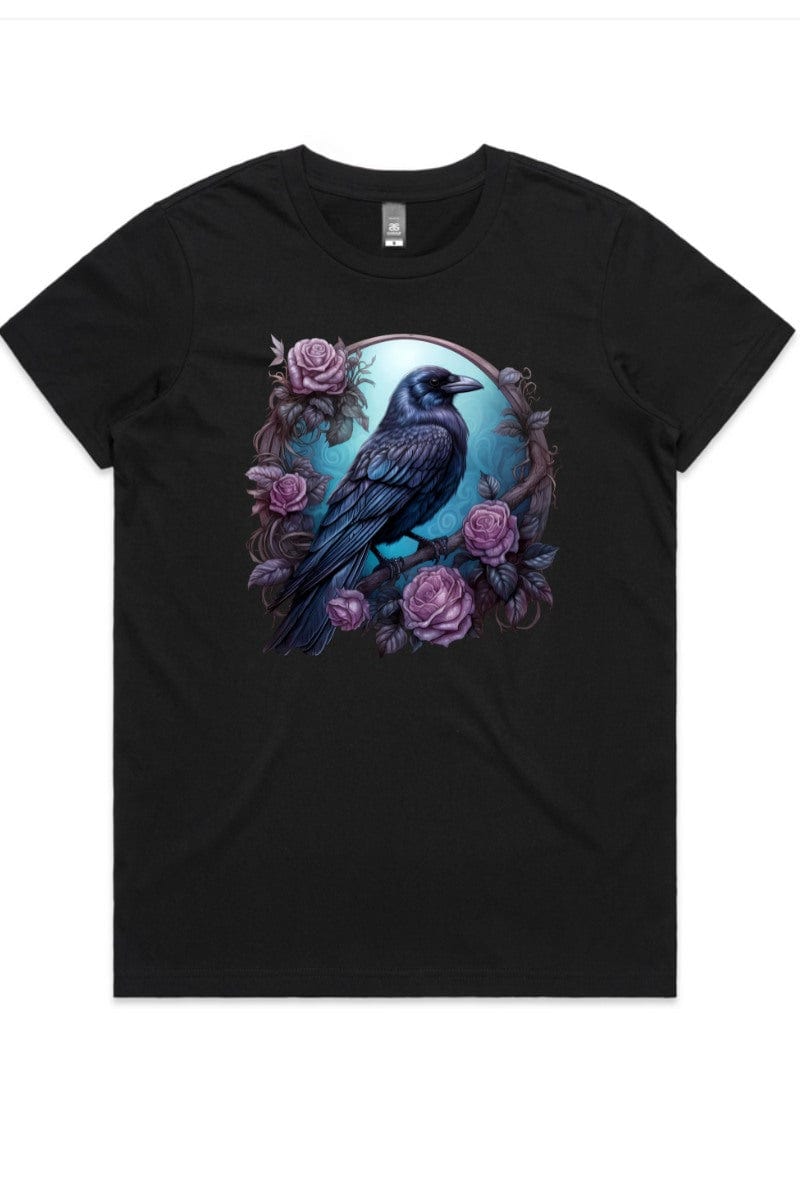 up close on the dark gothic raven framed by vintage roses on an AS Colour Maple t-shirt for women