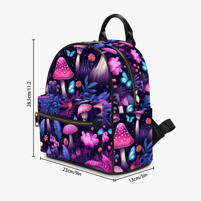 dimensions of the backpack featuring a midnight garden of mushroomcore bright glowing pink and purple mushrooms printed on strong waterproof pu