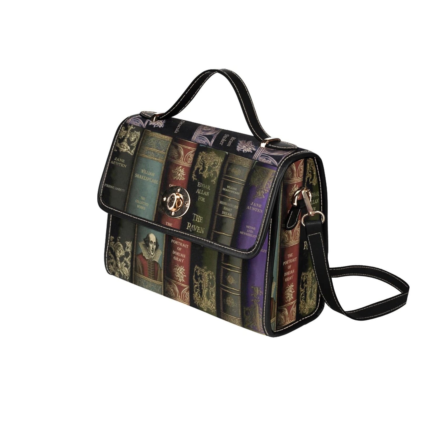 front side view of the satchel handbag printed with spines of classic literature titles in dark colours 