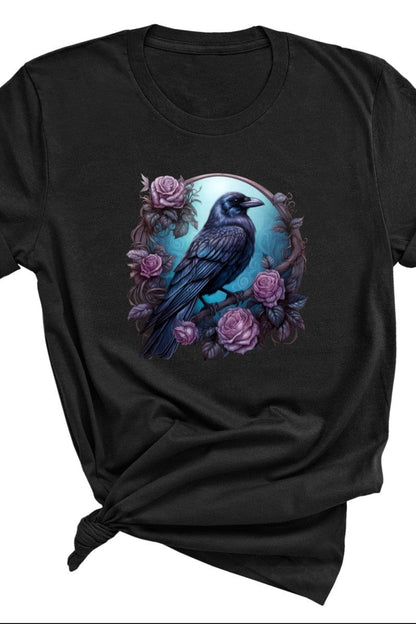 dark gothic raven framed by vintage roses on an AS Colour Maple t-shirt for women 1