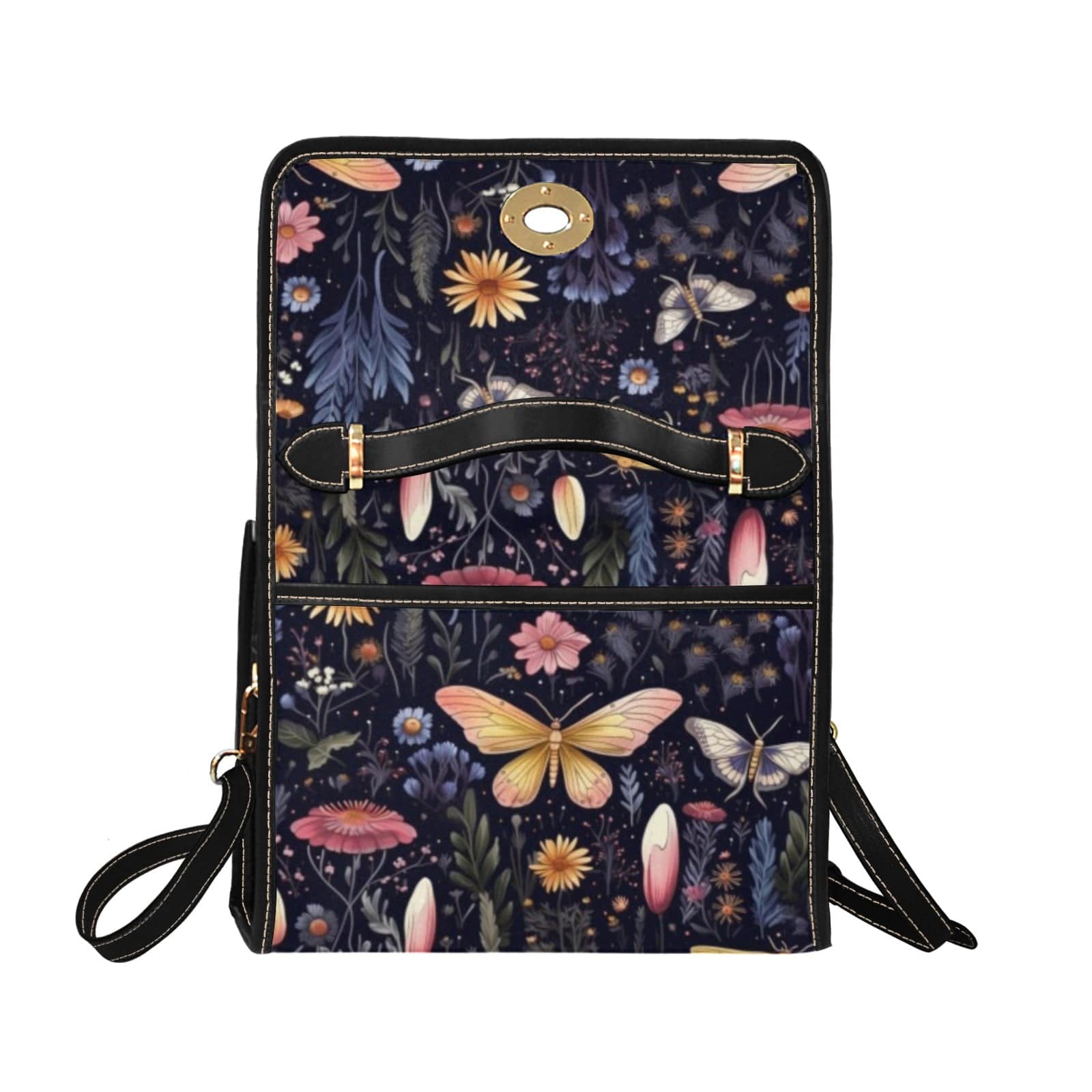 back view ofthe Stylish boxy satchel handbag featuring vintage style cottagecore midnight garden print featuring beautiful moths and dark florals
