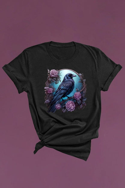 dark gothic raven framed by vintage roses on an AS Colour Maple t-shirt for women 3