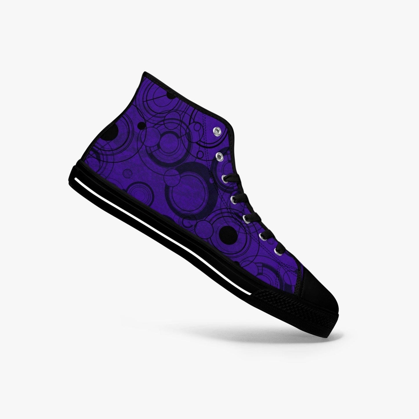 profile view of the Dr Who Gallifreyan Gallifrey language high top men's sneakers in purple and black at Gallery Serpentine