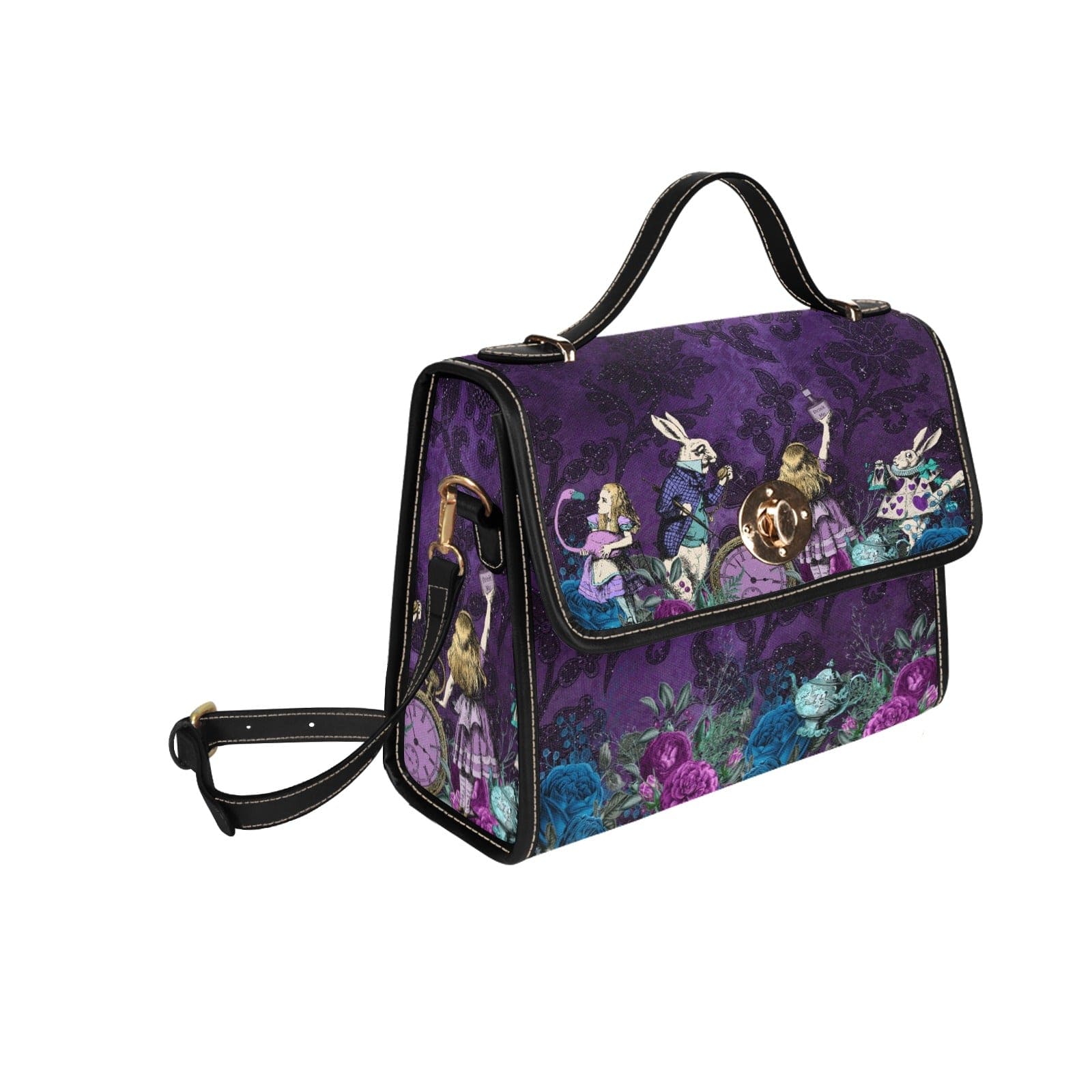 side front view of the Purple damask background on an Alice in wonderland themed gothic satchel handbag featuring the White Rabbit at Gallery Serpentine