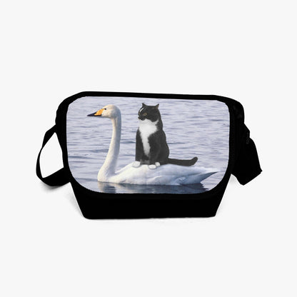 Funny cat on swan unisex canvas messenger bag at Gallery Serpentine