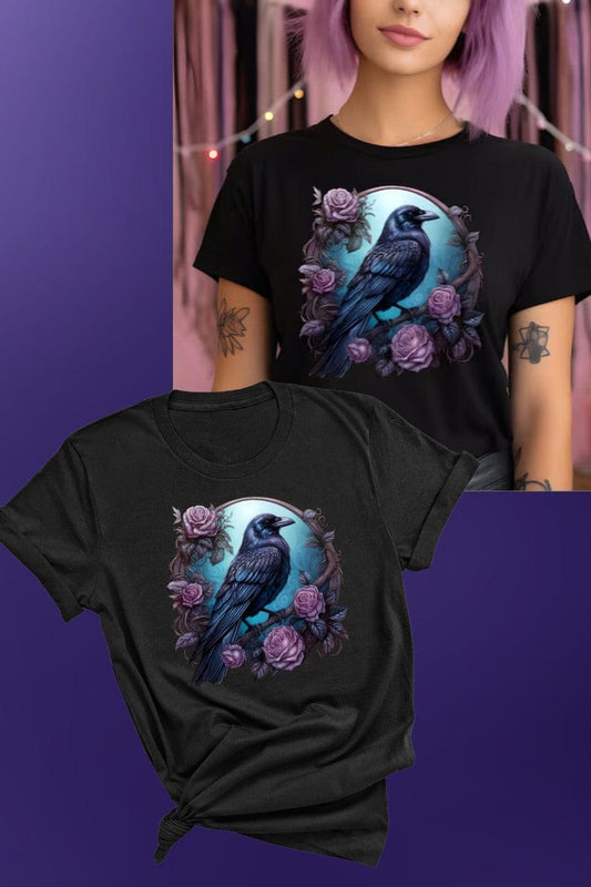dark gothic raven framed by vintage roses on an AS Colour Maple t-shirt for women