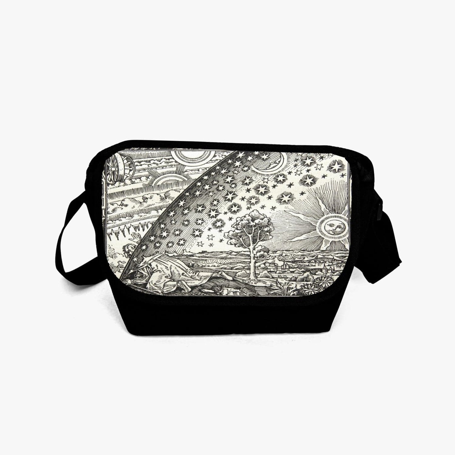 Flammarion engraving print in black and cream on a black canvas messenger bag at Gallery Serpentine