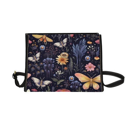 Stylish boxy satchel handbag featuring vintage style cottagecore midnight garden print featuring beautiful moths and dark florals1