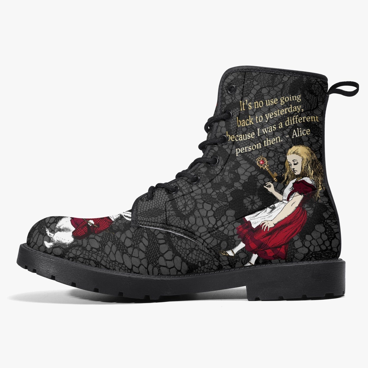 side view featuring an Alice quote in gold lettering on the gothic Alice in Wonderland faux leather boots featuring a gothic lace background and Alice Quotes