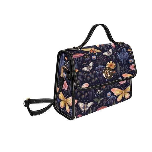 Stylish boxy satchel handbag featuring vintage style cottagecore midnight garden print featuring beautiful moths and dark florals