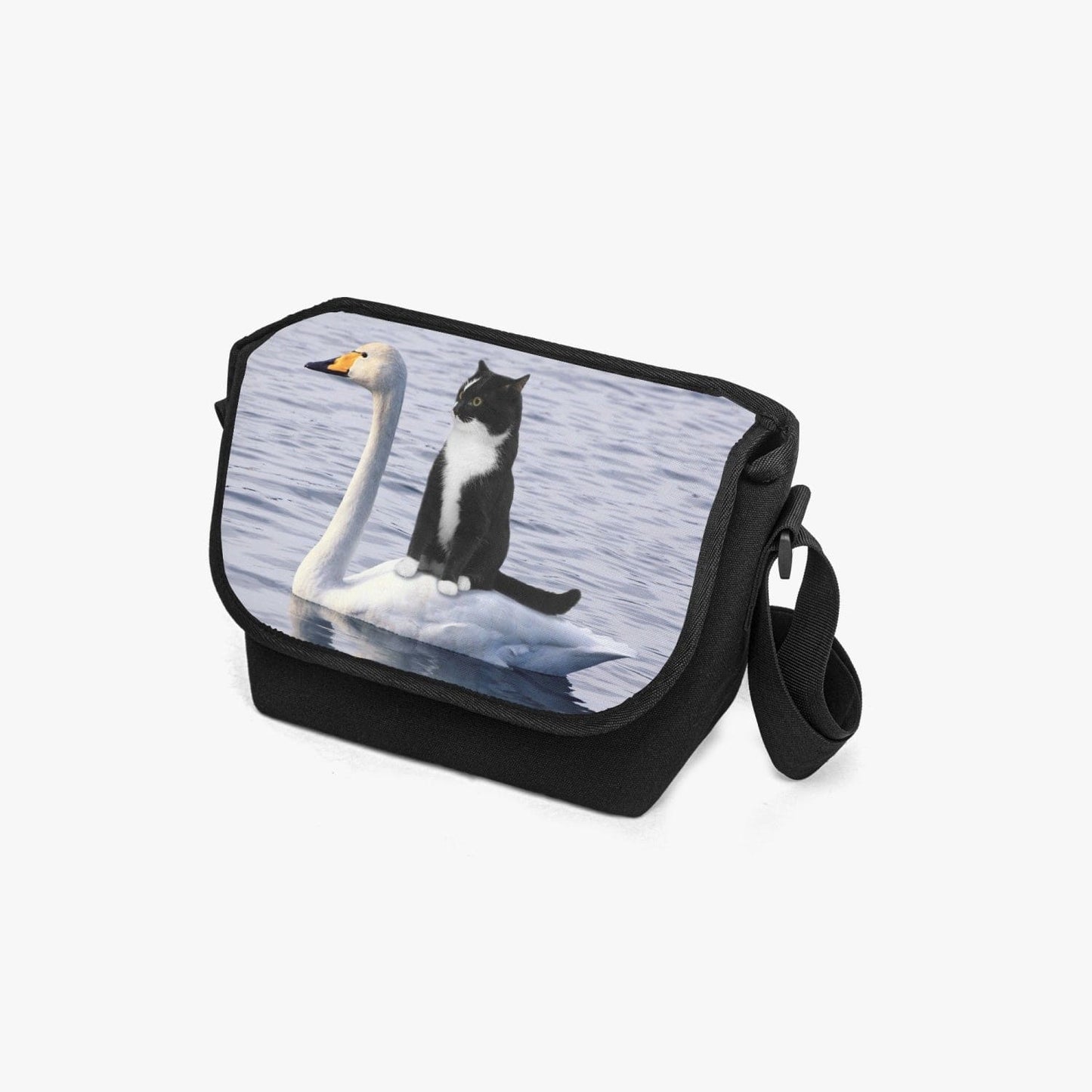 Funny cat on swan unisex canvas messenger bag at Gallery Serpentine 2