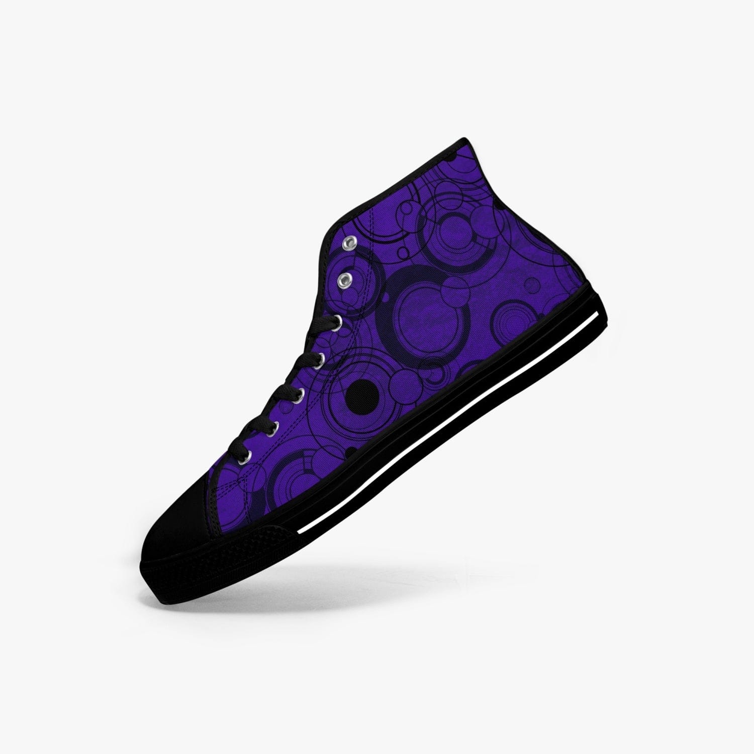 aerial view of the Women's Time Lord Gallifreyan Gallifrey language retro sneakers in a vivid gothic purple at Gallery Serpentine
