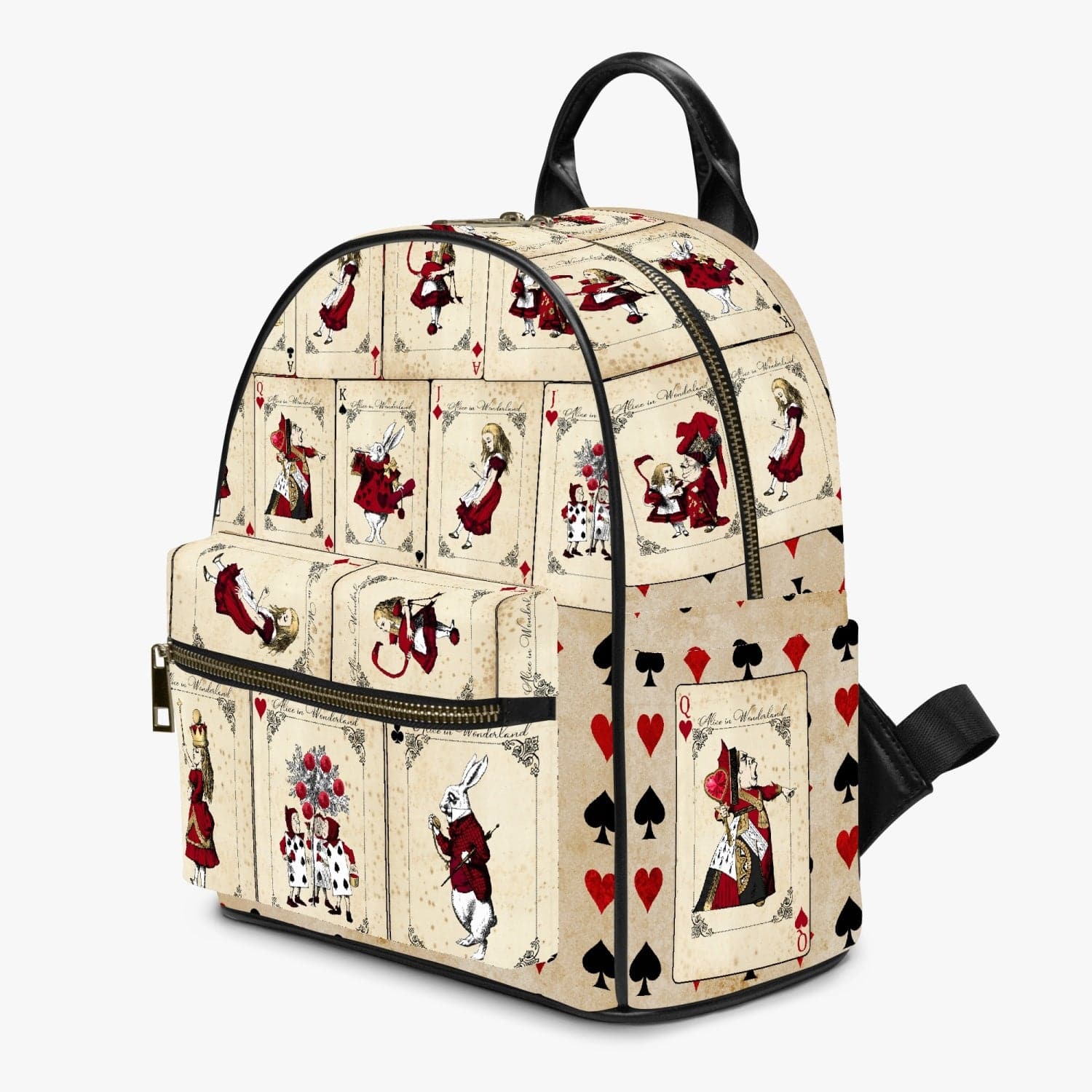 front side view of the Vintage retro red white and cream Alice in Wonderland playing cards print small backpack at Gallery Serpentine