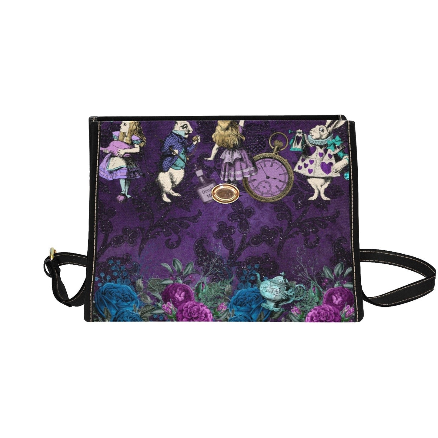 flap open revealing the front panel of the Purple damask background on an Alice in wonderland themed gothic satchel handbag featuring the White Rabbit at Gallery Serpentine