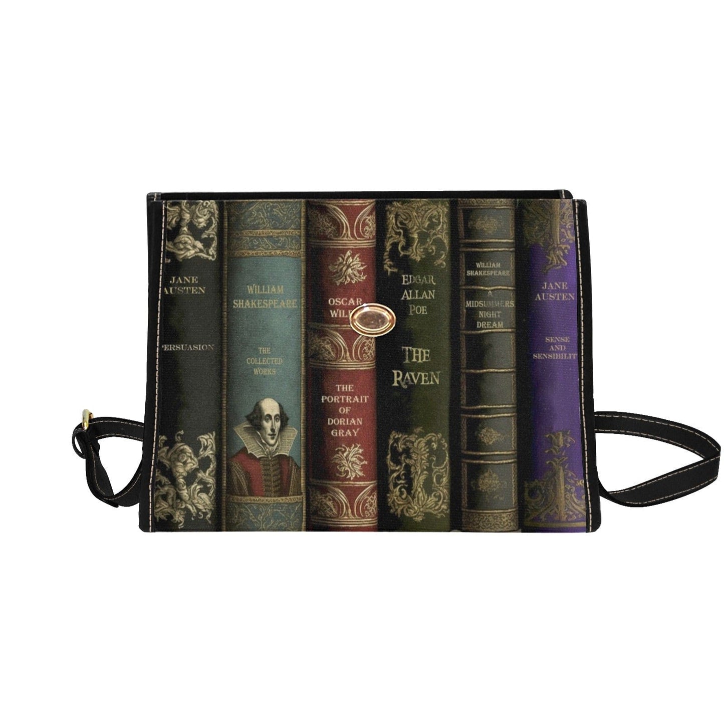 front view with front flap folded backto reveal the full artwork on the front of the satchel handbag printed with spines of classic literature titles in dark colours