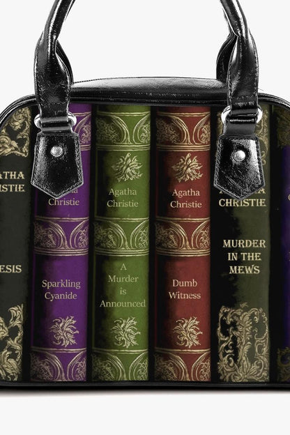 vegan friendly Agatha Christie handbag featuring the spines of her well known and loved murder mystery novels