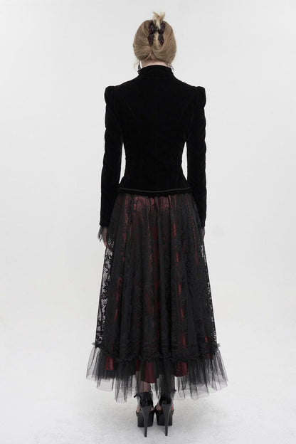 back view of the Black velvet gothic victorian fitted women's jacket at Gallery Serpentine