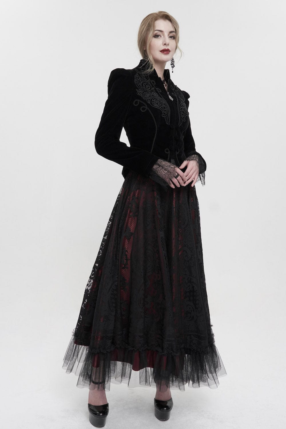 gothic actress wearing the Black velvet gothic victorian fitted women's jacket at Gallery Serpentine