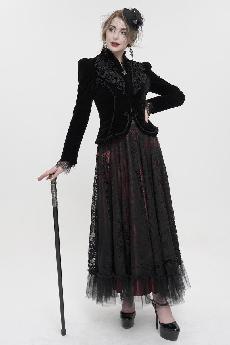 murder mystery guest wearing the Black velvet gothic victorian fitted women's jacket at Gallery Serpentine