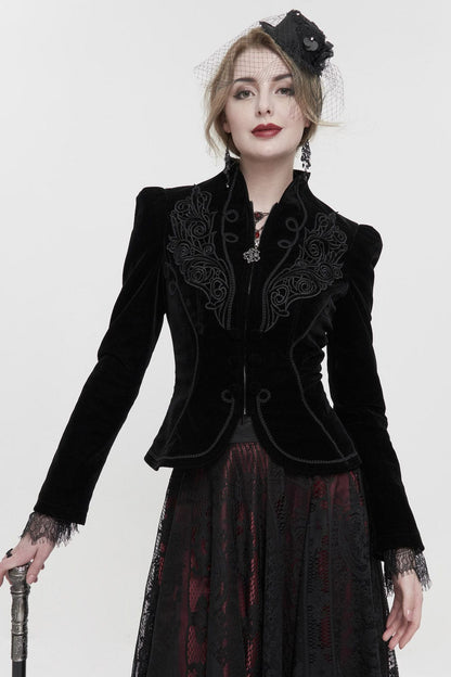 front view of the Black velvet gothic victorian fitted women's jacket at Gallery Serpentine