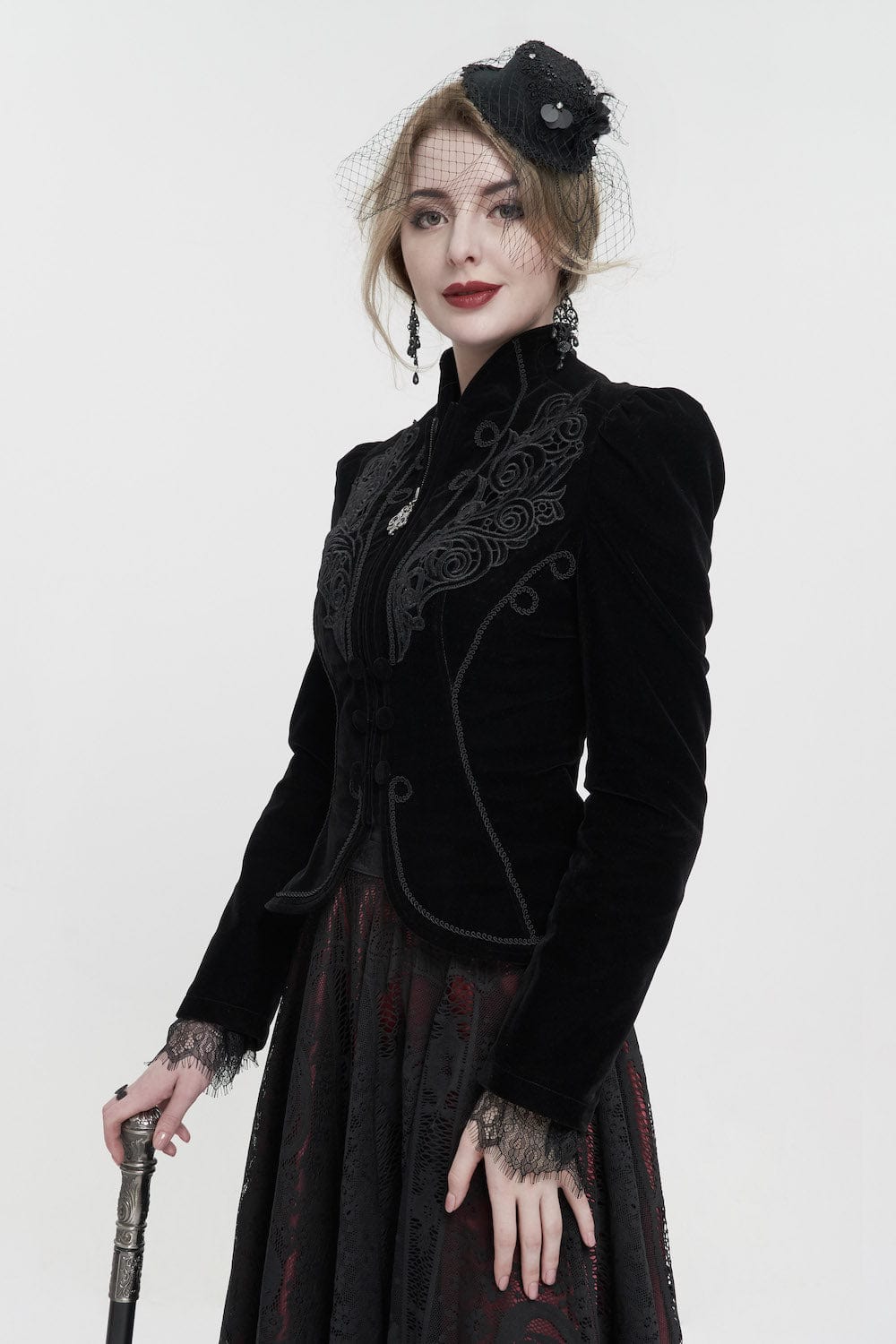 Black velvet gothic victorian fitted women's jacket at Gallery Serpentine
