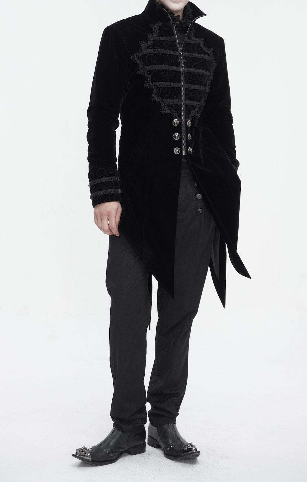 GOTHIC GROOM WEARING THE GOTHIC CHAOS MAGIC TAILCOAT IN BLACK VELVET WITH STRONG TAILORING AND ORNATE BRAID AND BUTTON DETAILS FROM DEVIL FASHION AT GALLERY SERPENTINE