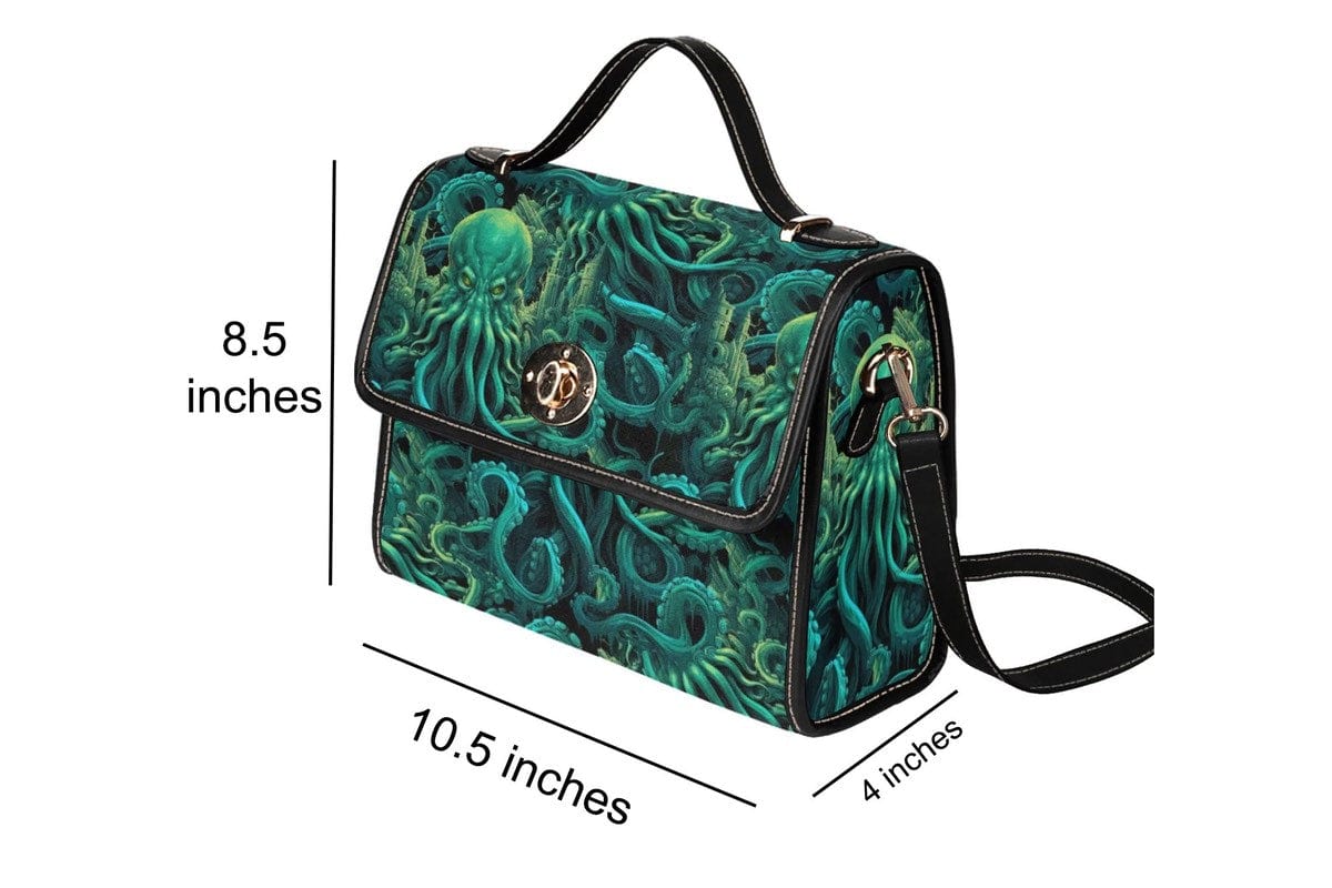 cthulhu dark green kraken satchel handbag  showing the dimensions in text overlay