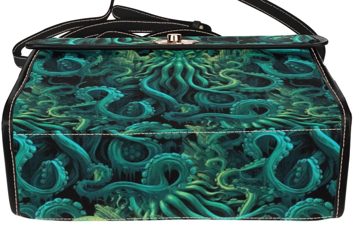 showing the bottom of the cthulhu dark green kraken satchel handbag 