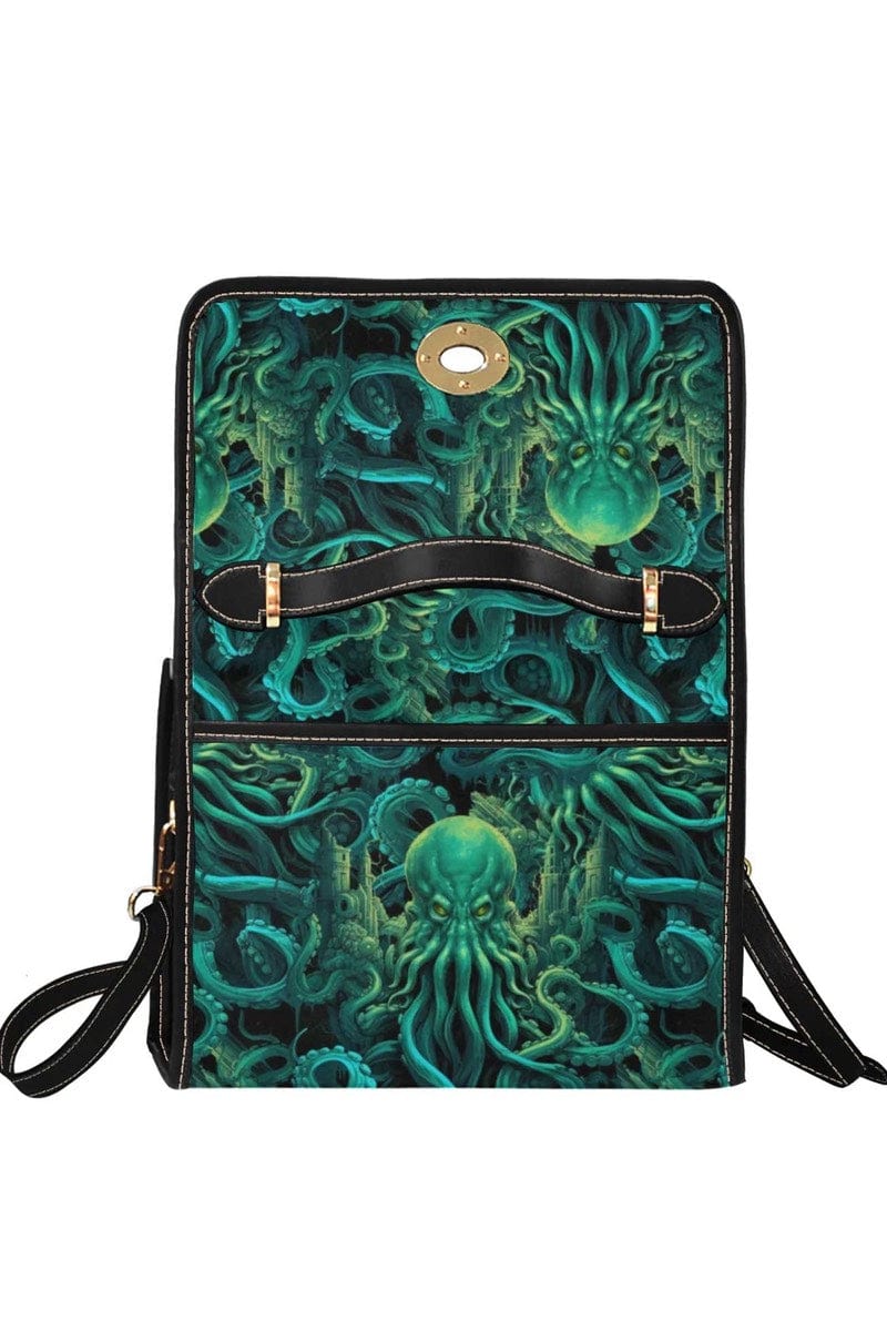cthulhu dark green kraken satchel handbag  with the front opened up