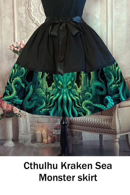 Green Cthulhu Kraken Sea Monster, mid length skirt