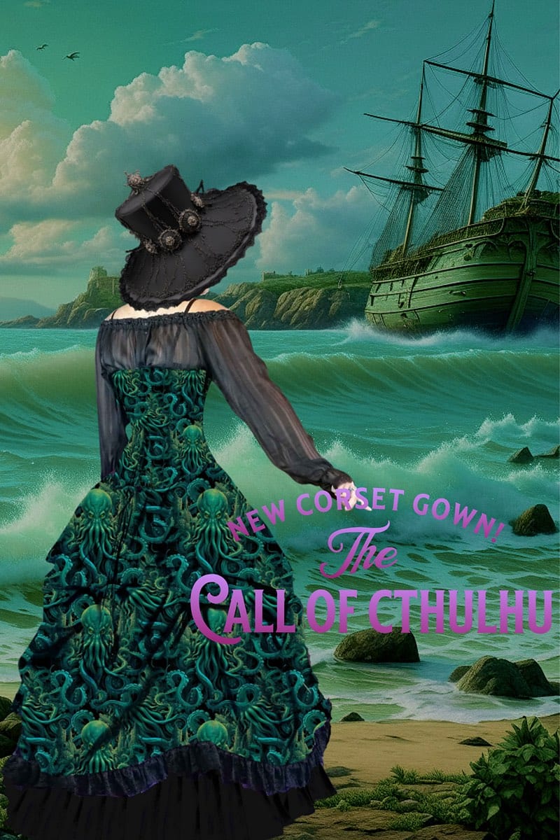 woman wearing a Cthulhu Gallery Serpentine corset gown custom sized, cthulhu print in vibrant and deep greens