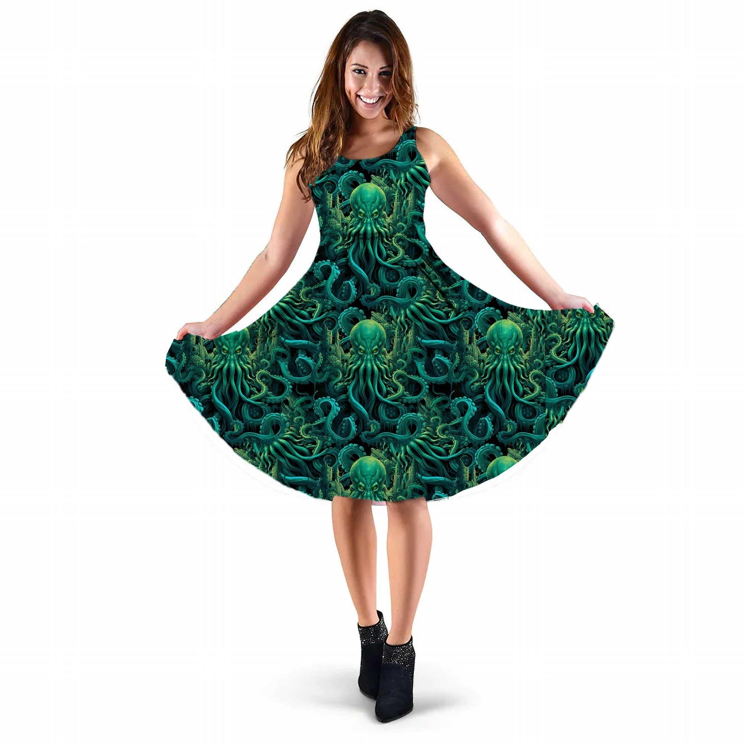 The legend of Lovecraft comes to your wardrobe with a vibrant dark green printed polyester velvet Cthulhu dress with pockets at Gallery Serpentine