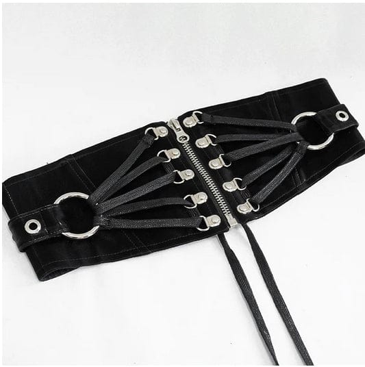 Vanta black sleek punk goth fetish zip and lace up belt with waxed cord and large O-ring detailing from Devil Fashion 1