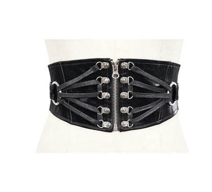 Vanta black sleek punk goth fetish zip and lace up belt with waxed cord and large O-ring detailing from Devil Fashion 3