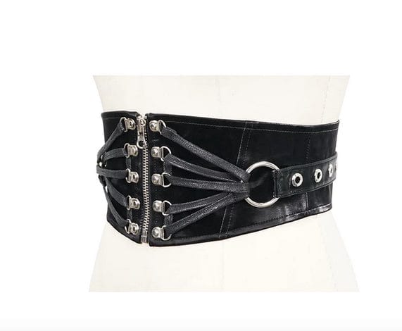 Vanta black sleek punk goth fetish zip and lace up belt with waxed cord and large O-ring detailing from Devil Fashion 4