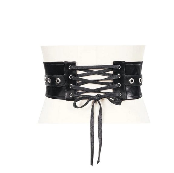 Vanta black sleek punk goth fetish zip and lace up belt with waxed cord and large O-ring detailing from Devil Fashion 2