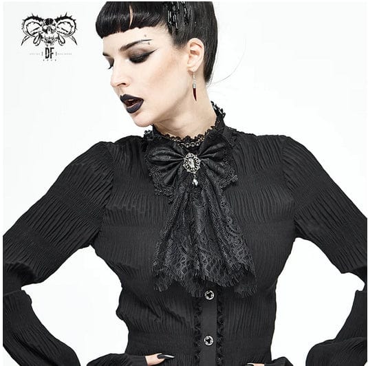 Gothic bejewelled cravat for women featuring black eyelash lace and a smoky jewell for bringing gothic elegance to a shirt