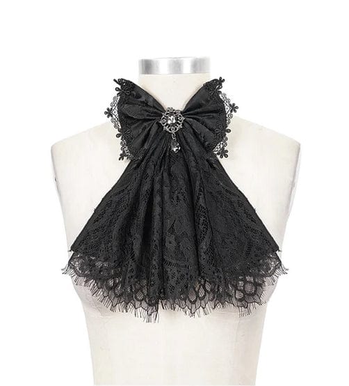 Gothic bejewelled cravat for women featuring black eyelash lace and a smoky jewell for bringing gothic elegance to a shirt, ties up at the back with a velvet ribbon