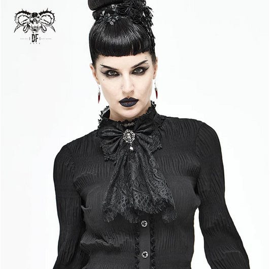 Gothic bejewelled cravat for women featuring black eyelash lace and a smoky jewell