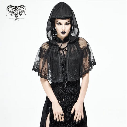 gothic embroidered black mesh lace mini cape with hood