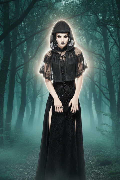 gothic embroidered black mesh lace mini cape with hood