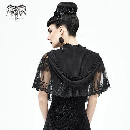 back view of the gothic embroidered black mesh lace mini cape with hood