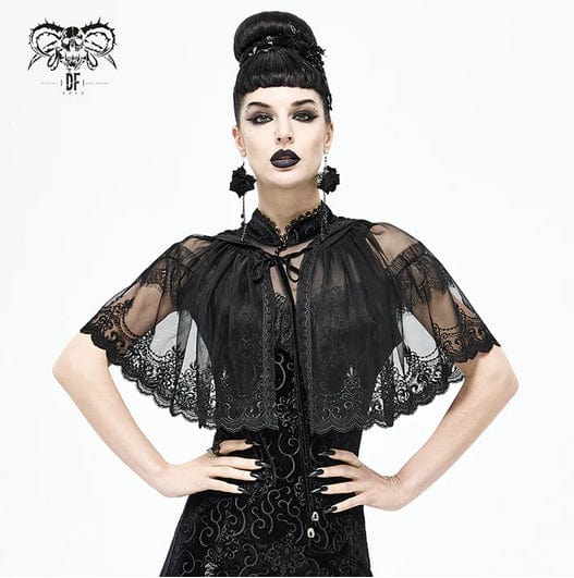 gothic embroidered black mesh lace mini cape with hood on gothic model