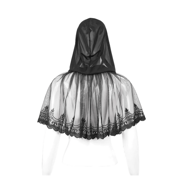 gothic embroidered black mesh lace mini cape with hood showing the back