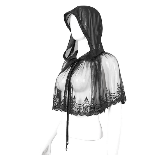 side front view of the gothic embroidered black mesh lace mini cape with hood
