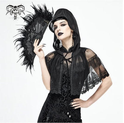gothic model with a feather fan wearing the gothic embroidered black mesh lace mini cape with hood